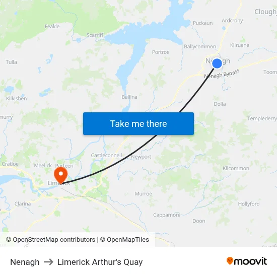 Nenagh to Limerick Arthur's Quay map