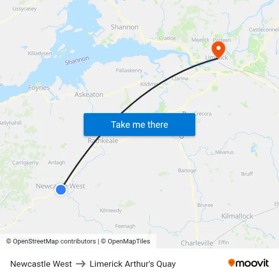 Newcastle West to Limerick Arthur's Quay map