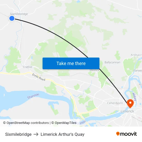 Sixmilebridge to Limerick Arthur's Quay map