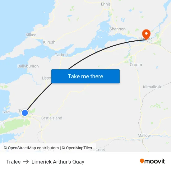 Tralee to Limerick Arthur's Quay map