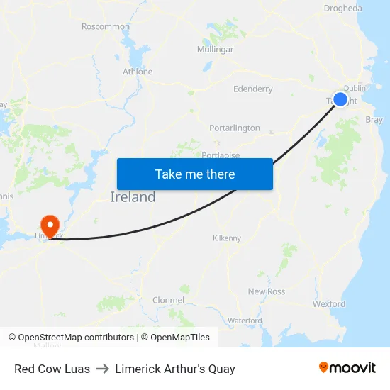 Red Cow Luas to Limerick Arthur's Quay map