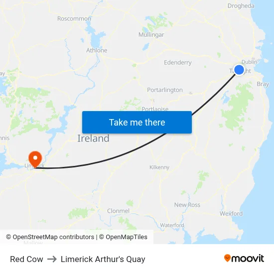Red Cow to Limerick Arthur's Quay map