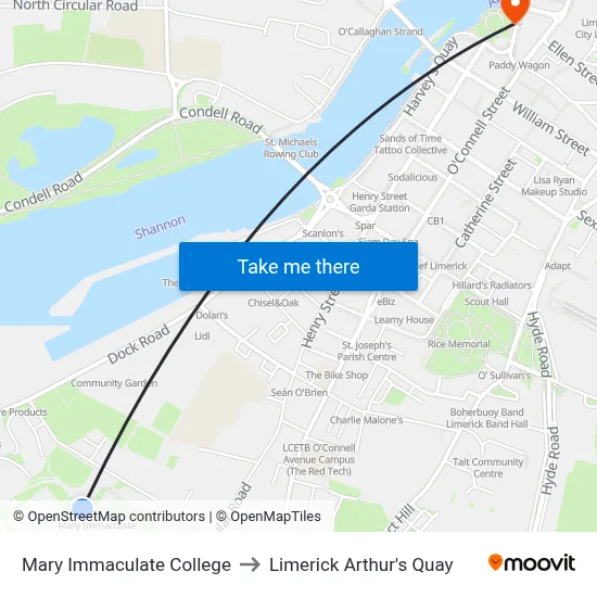 Mary Immaculate College to Limerick Arthur's Quay map