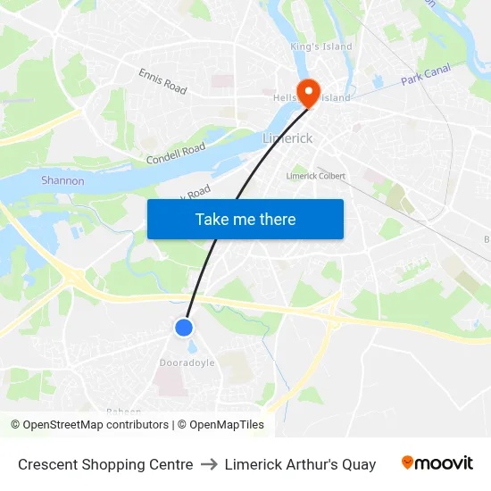 Crescent Shopping Centre to Limerick Arthur's Quay map
