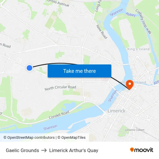 Gaelic Grounds to Limerick Arthur's Quay map