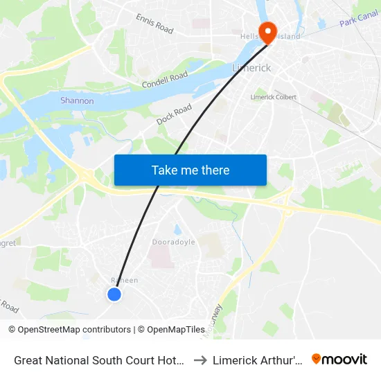 Great National South Court Hotel Limerick to Limerick Arthur's Quay map