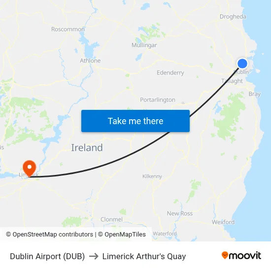 Dublin Airport (DUB) to Limerick Arthur's Quay map