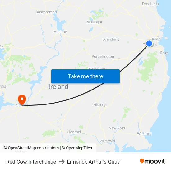Red Cow Interchange to Limerick Arthur's Quay map