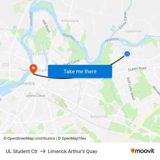 UL Student Ctr to Limerick Arthur's Quay map
