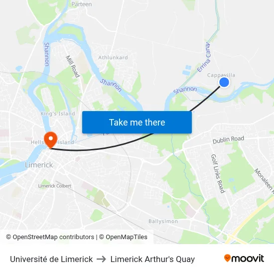 Université de Limerick to Limerick Arthur's Quay map