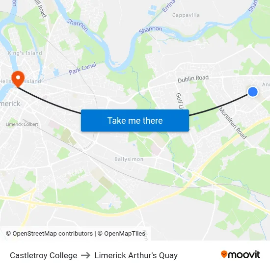 Castletroy College to Limerick Arthur's Quay map