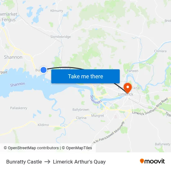 Bunratty Castle to Limerick Arthur's Quay map