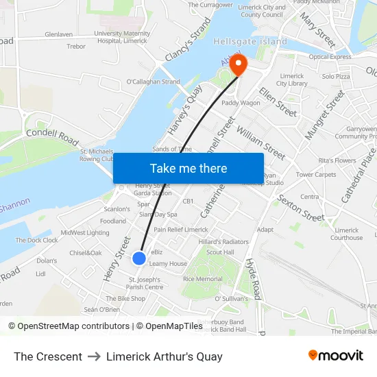 The Crescent to Limerick Arthur's Quay map