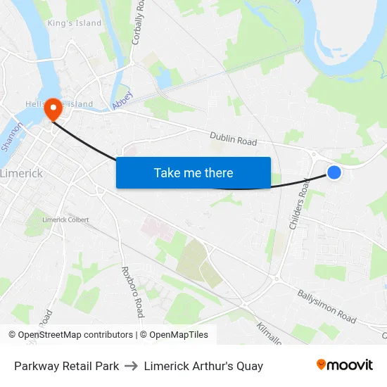 Parkway Retail Park to Limerick Arthur's Quay map