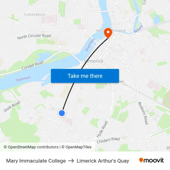 Mary Immaculate College to Limerick Arthur's Quay map