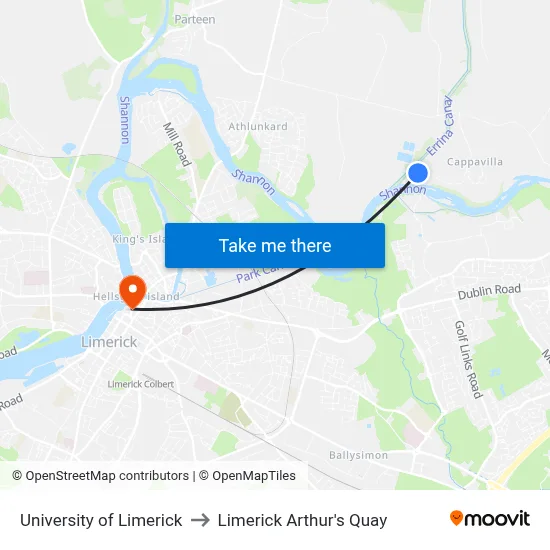 University of Limerick to Limerick Arthur's Quay map