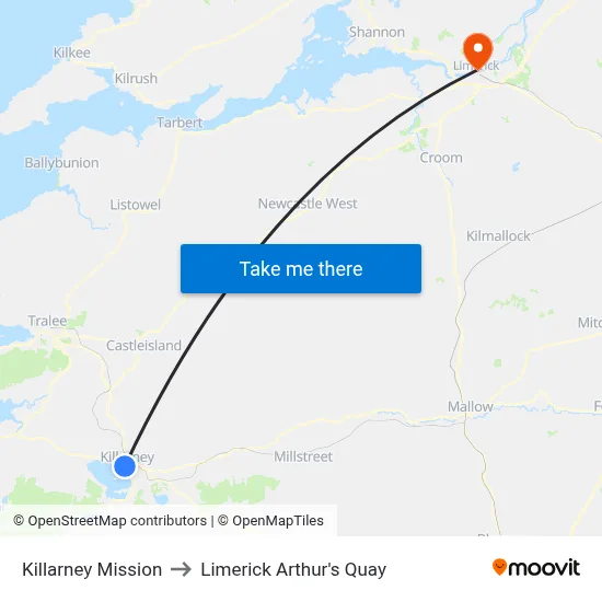 Killarney Mission to Limerick Arthur's Quay map