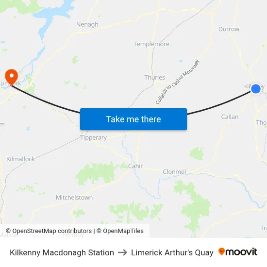Kilkenny Macdonagh Station to Limerick Arthur's Quay map