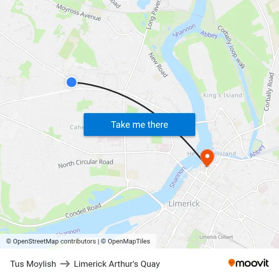 Tus Moylish to Limerick Arthur's Quay map