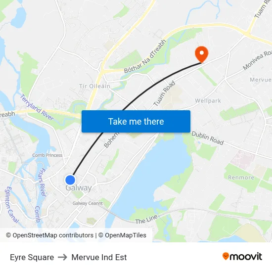 Eyre Square to Mervue Ind Est map