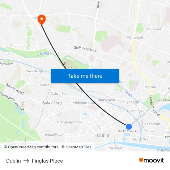Dublin to Finglas Place map