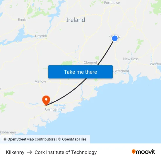 Kilkenny to Cork Institute of Technology map