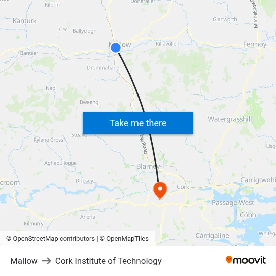 Mallow to Cork Institute of Technology map