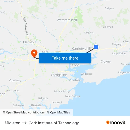Midleton to Cork Institute of Technology map