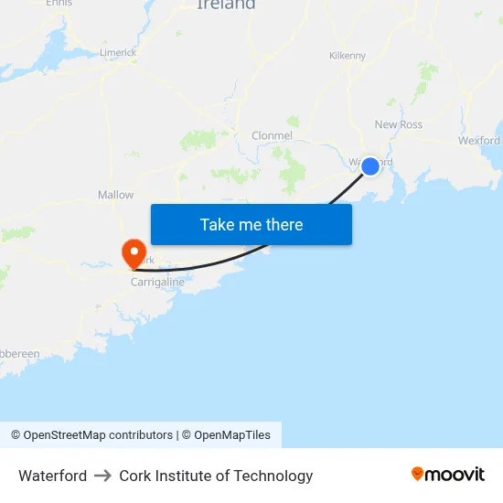 Waterford to Cork Institute of Technology map