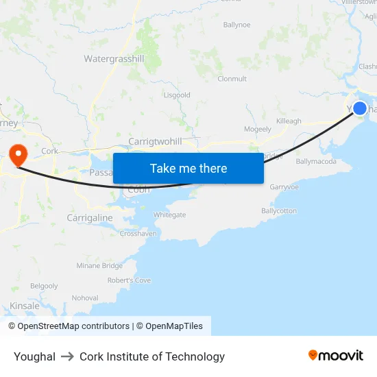 Youghal to Cork Institute of Technology map