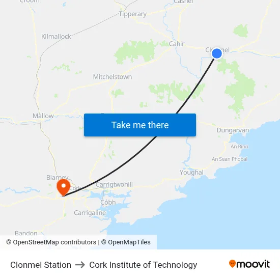 Clonmel Station to Cork Institute of Technology map