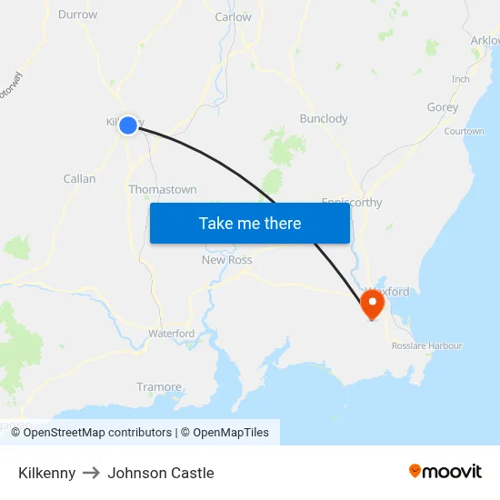 Kilkenny to Johnson Castle map