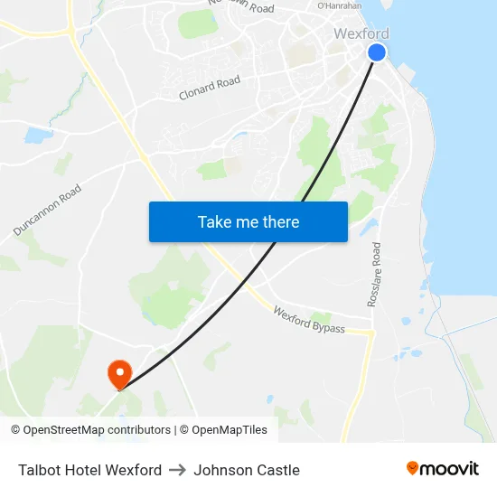 Talbot Hotel Wexford to Johnson Castle map