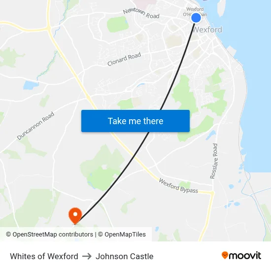 Whites of Wexford to Johnson Castle map