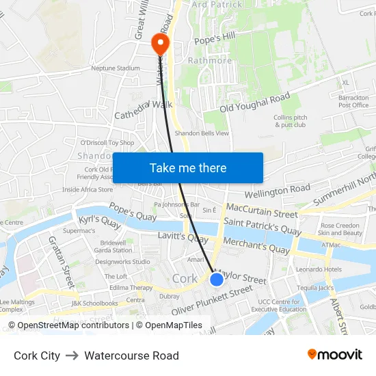 Cork City to Watercourse Road map