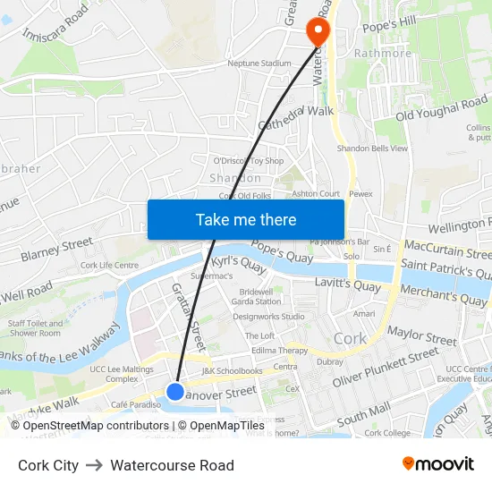 Cork City to Watercourse Road map