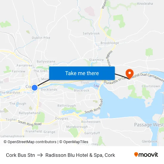 Cork Bus Stn to Radisson Blu Hotel & Spa, Cork map
