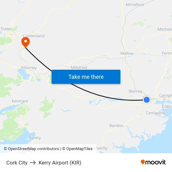 Cork City to Kerry Airport (KIR) map