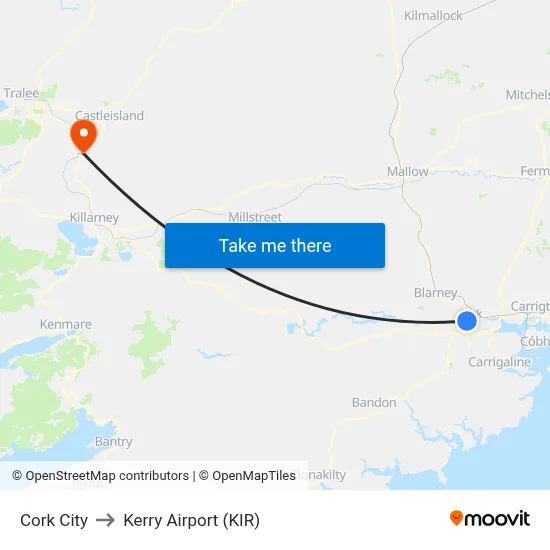 Cork City to Kerry Airport (KIR) map