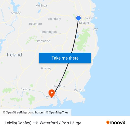 Leixlip(Confey) to Waterford / Port Láirge map