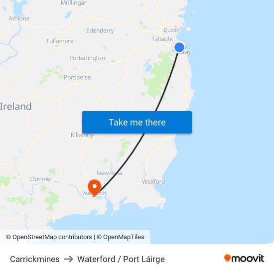 Carrickmines to Waterford / Port Láirge map