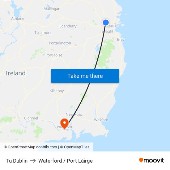 Tu Dublin to Waterford / Port Láirge map