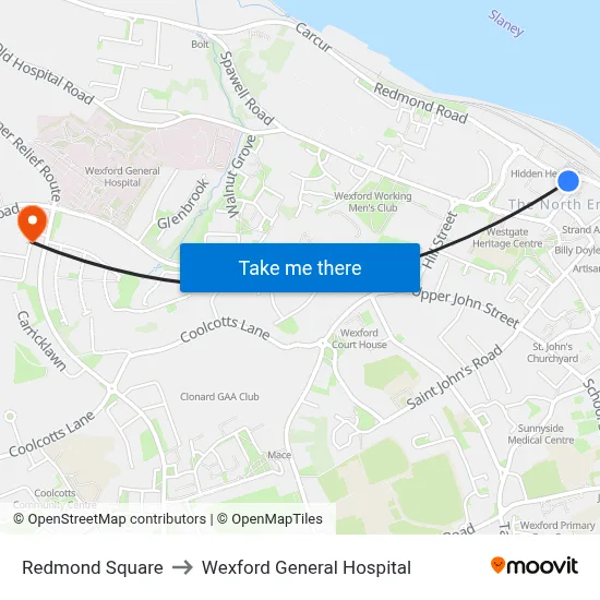 Redmond Square to Wexford General Hospital map