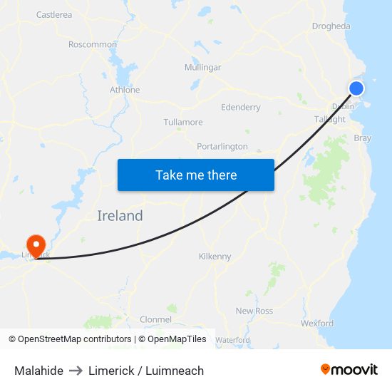 Malahide to Limerick / Luimneach map