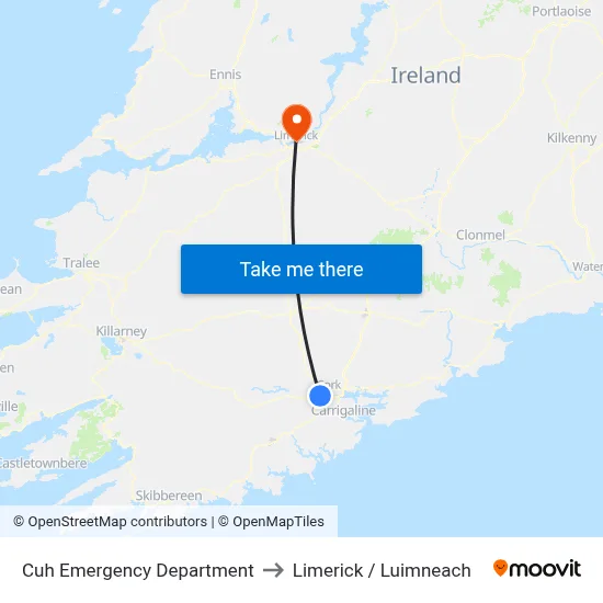 Cuh Emergency Department to Limerick / Luimneach map