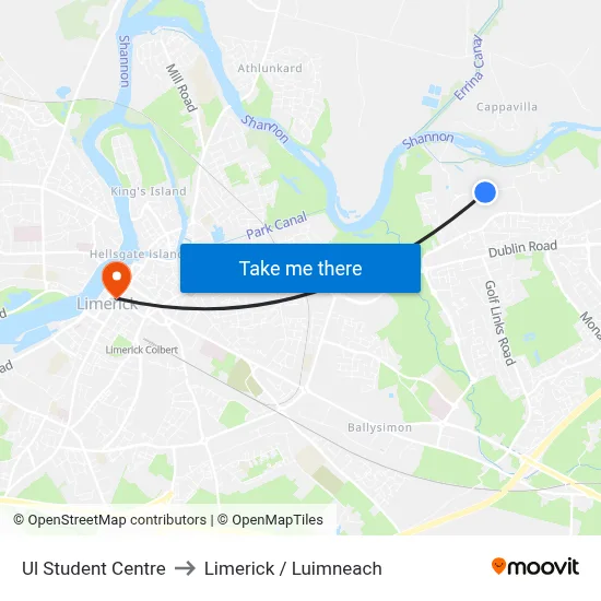Ul Student Centre to Limerick / Luimneach map