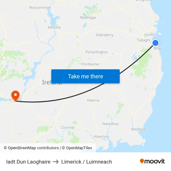 Iadt Dun Laoghaire to Limerick / Luimneach map