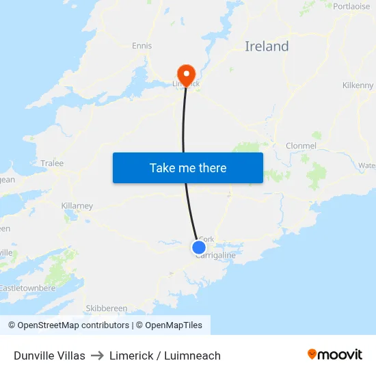 Dunville Villas to Limerick / Luimneach map
