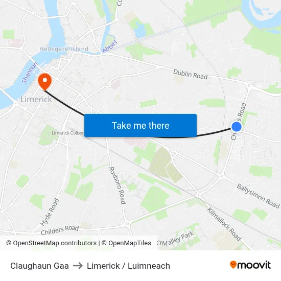 Claughaun Gaa to Limerick / Luimneach map