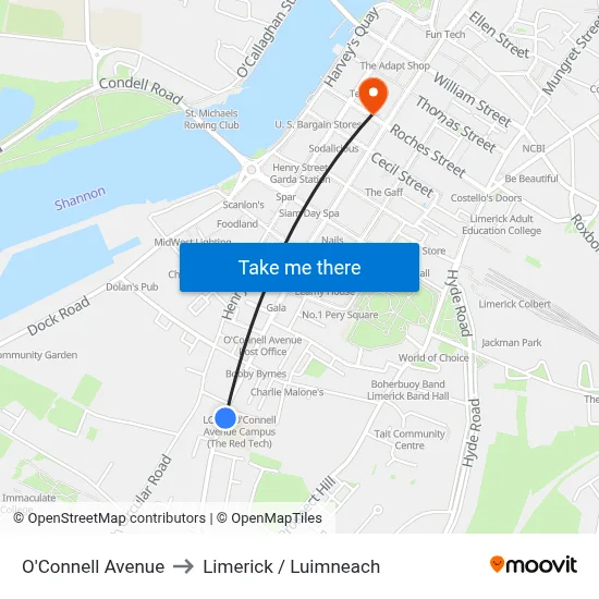 O'Connell Avenue to Limerick / Luimneach map